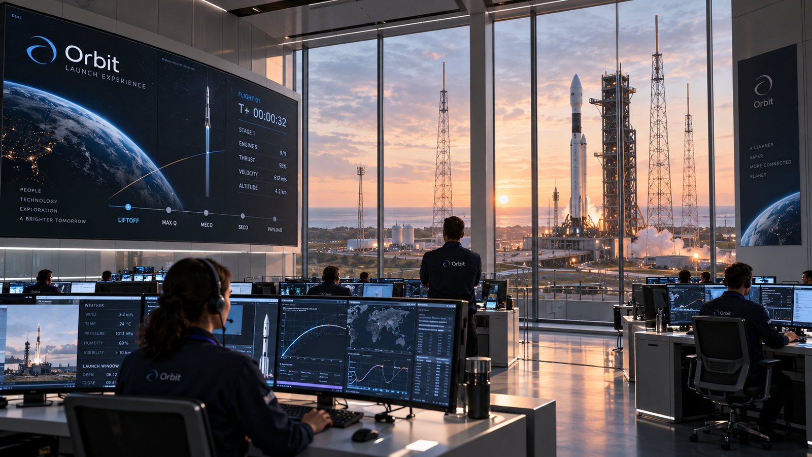 Mission control team overseeing a rocket launch at sunrise