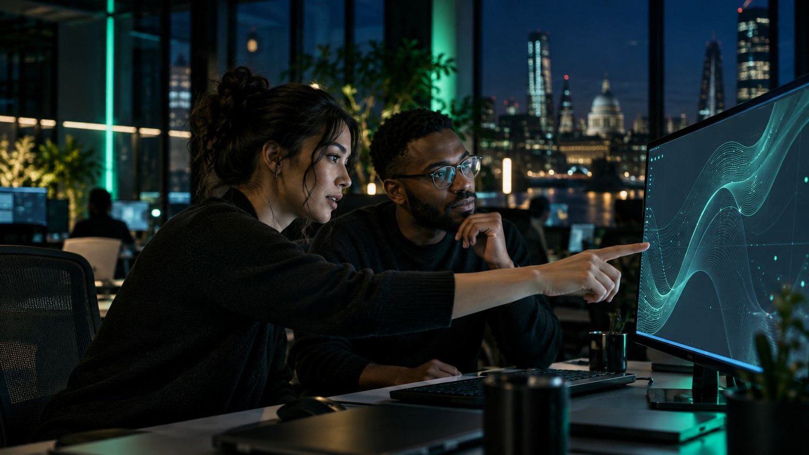 Software specialists collaborating around a digital workspace